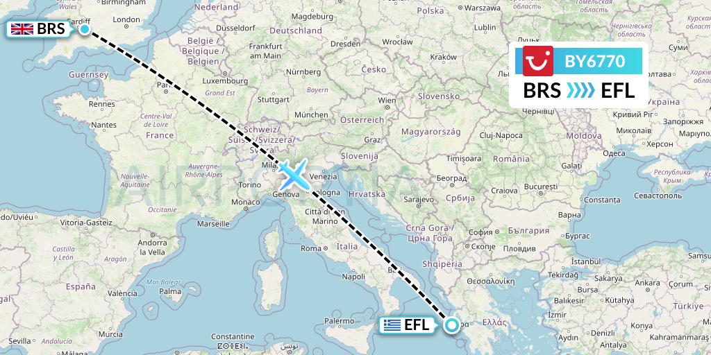 BY6770 TUI Airways Flight Map: Bristol to Kefalonia