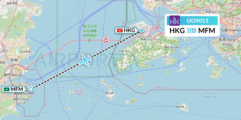 UO9011 Hong Kong Express Flight Map: Hong Kong to Macau