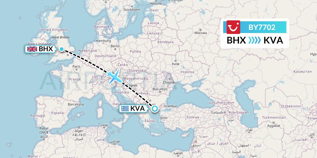 BY7702 TUI Airways Flight Map: Birmingham to Kavala