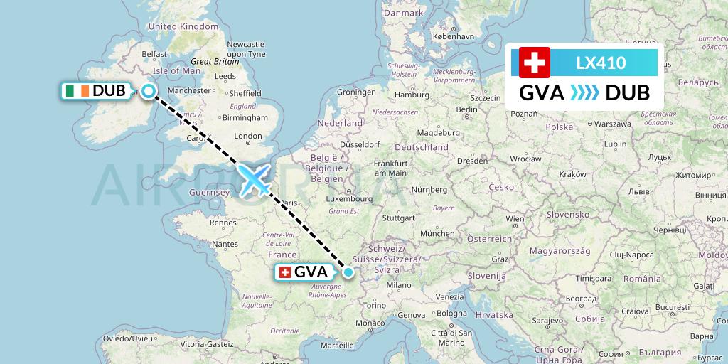 LX410 Swiss Flight Map: Geneva to Dublin