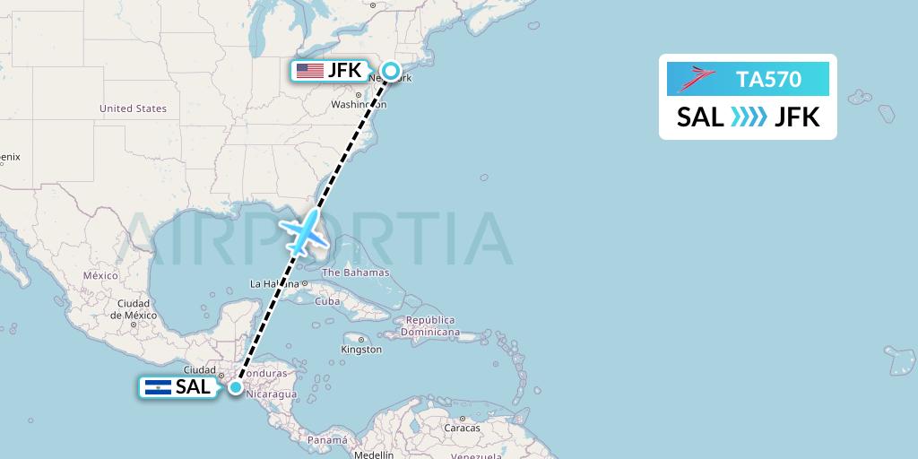 TA570 TACA Airlines Flight Map: San Salvador to New York