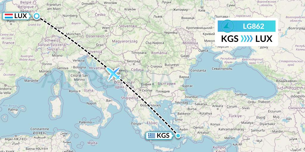 LG862 Luxair Flight Map: Kos to Luxembourg