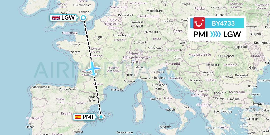 BY4733 TUI Airways Flight Map: Palma de Mallorca to London