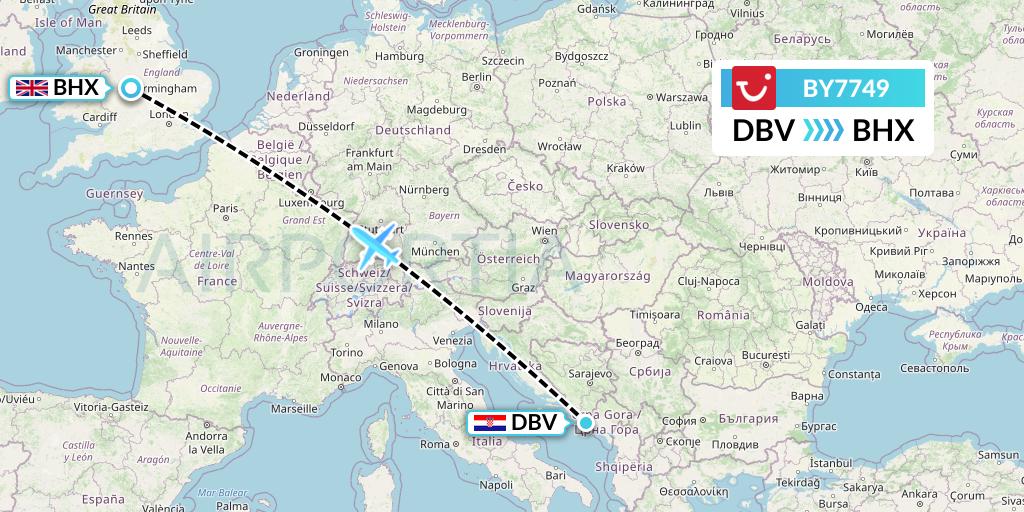 BY7749 TUI Airways Flight Map: Dubrovnik to Birmingham
