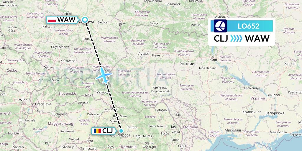 LO652 LOT Flight Map: Cluj-Napoca to Warsaw