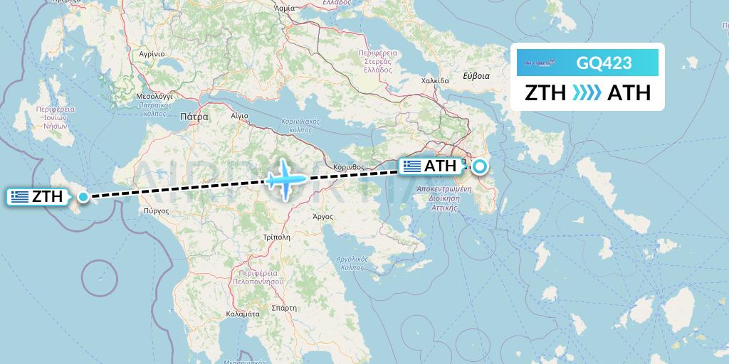 GQ423 Sky Express (Greece) Flight Map: Zakynthos to Athens