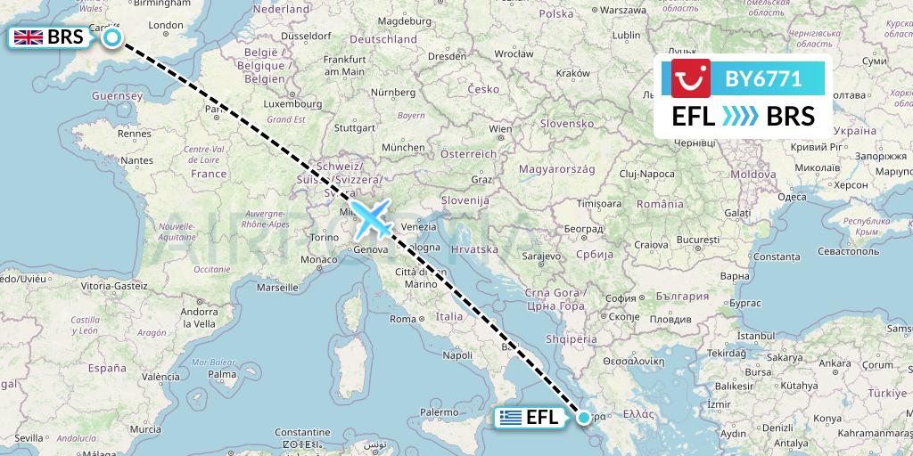 BY6771 TUI Airways Flight Map: Kefalonia to Bristol