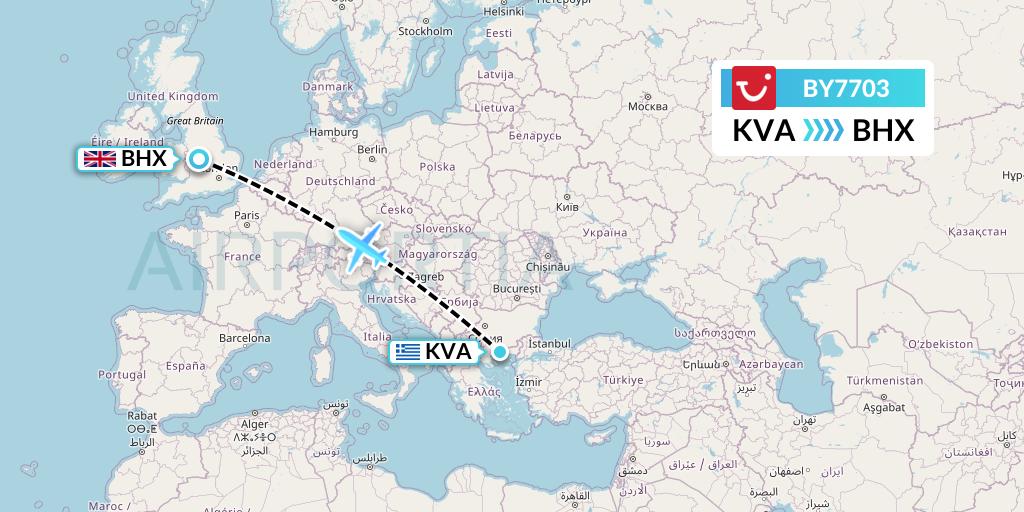 BY7703 TUI Airways Flight Map: Kavala to Birmingham