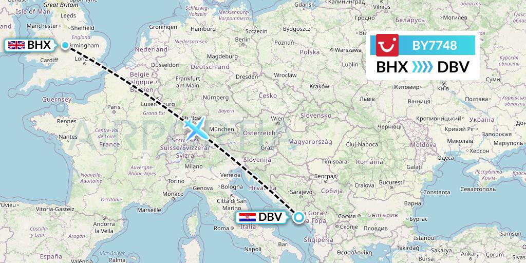 BY7748 TUI Airways Flight Map: Birmingham to Dubrovnik