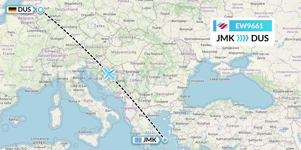 EW9661 Eurowings Flight Map: Mykonos to Dusseldorf