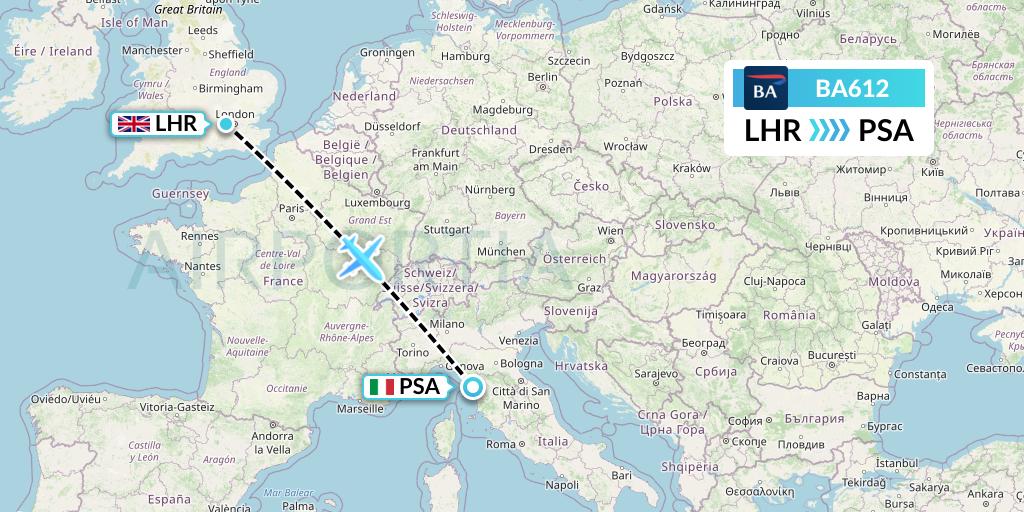 BA612 British Airways Flight Map: London to Pisa