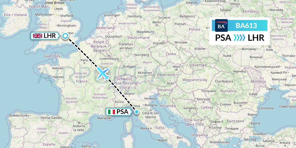 BA613 British Airways Flight Map: Pisa to London