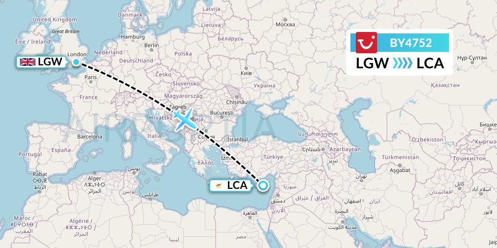 BY4752 TUI Airways Flight Map: London to Larnaca