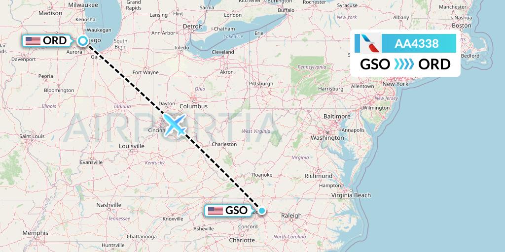 AA4338 American Airlines Flight Map: Greensboro to Chicago
