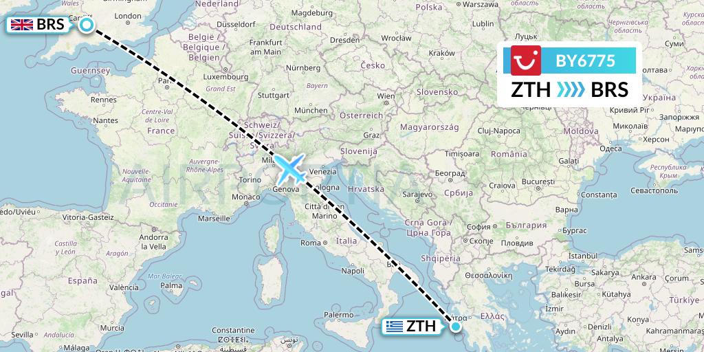 BY6775 TUI Airways Flight Map: Zakynthos to Bristol
