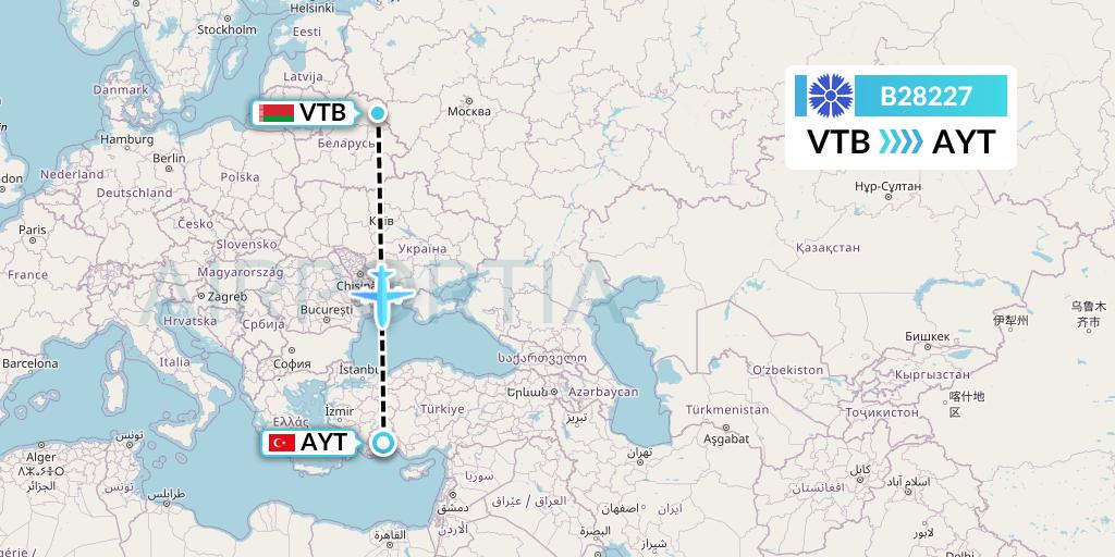 B28227 Belavia Flight Map: Vitebsk to Antalya