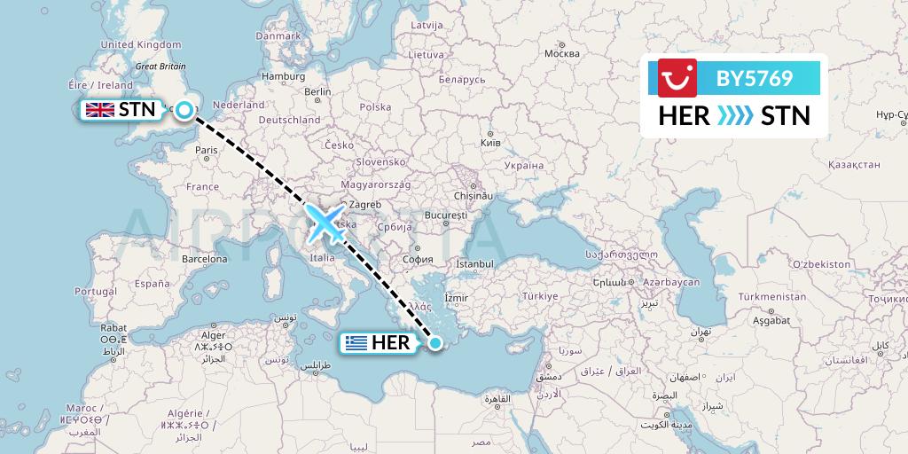BY5769 TUI Airways Flight Map: Heraklion to London