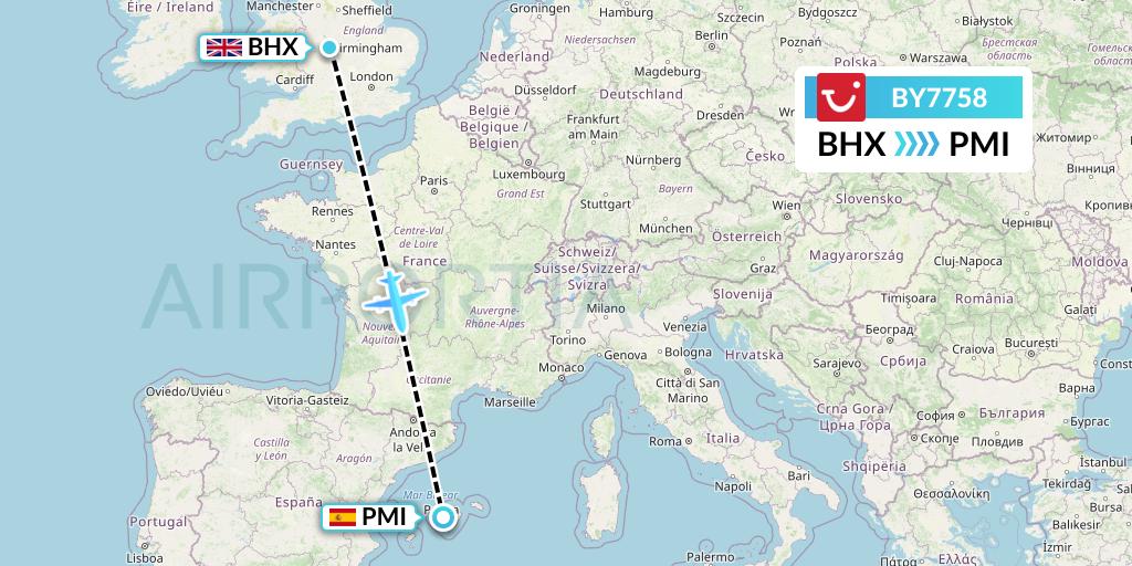 BY7758 TUI Airways Flight Map: Birmingham to Palma de Mallorca