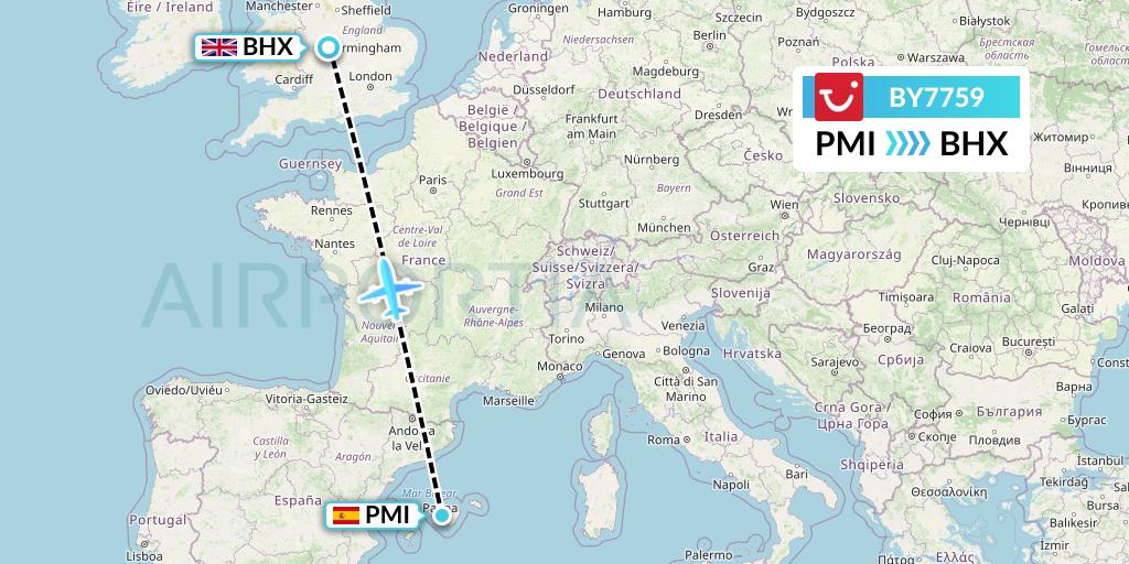 BY7759 TUI Airways Flight Map: Palma de Mallorca to Birmingham