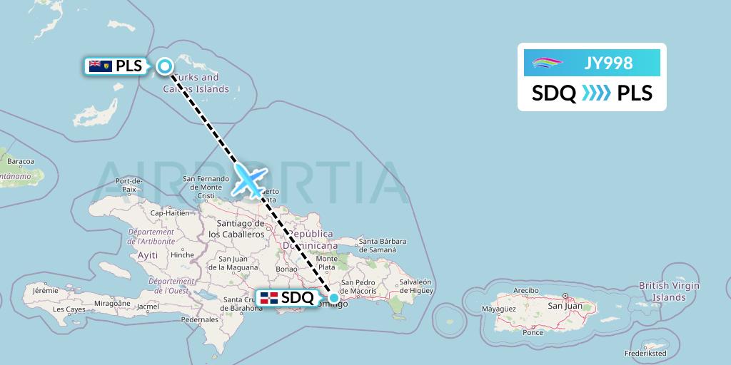JY998 InterCaribbean Airways Flight Map: Santo Domingo to Providenciales