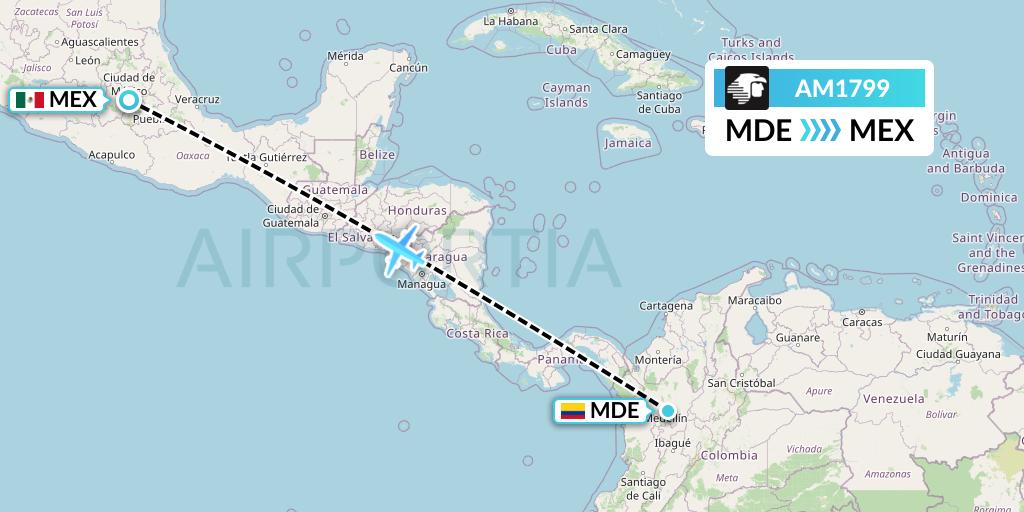 AM1799 Aeromexico Flight Map: Medellin to Mexico City