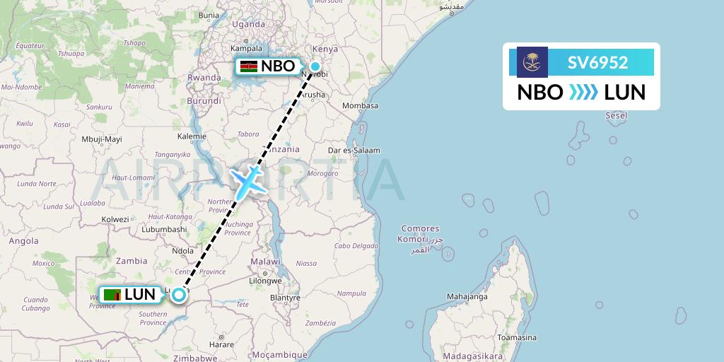 SV6952 Saudi Arabian Airlines Flight Map: Nairobi to Lusaka