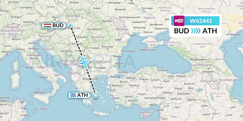 W62441 Wizz Air Flight Map: Budapest to Athens