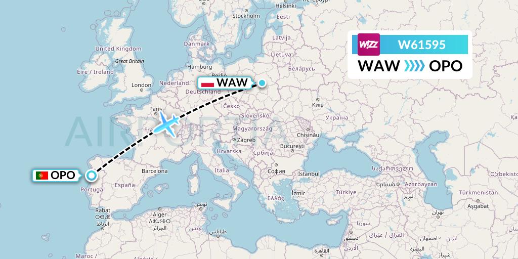 W61595 Wizz Air Flight Map: Warsaw to Porto