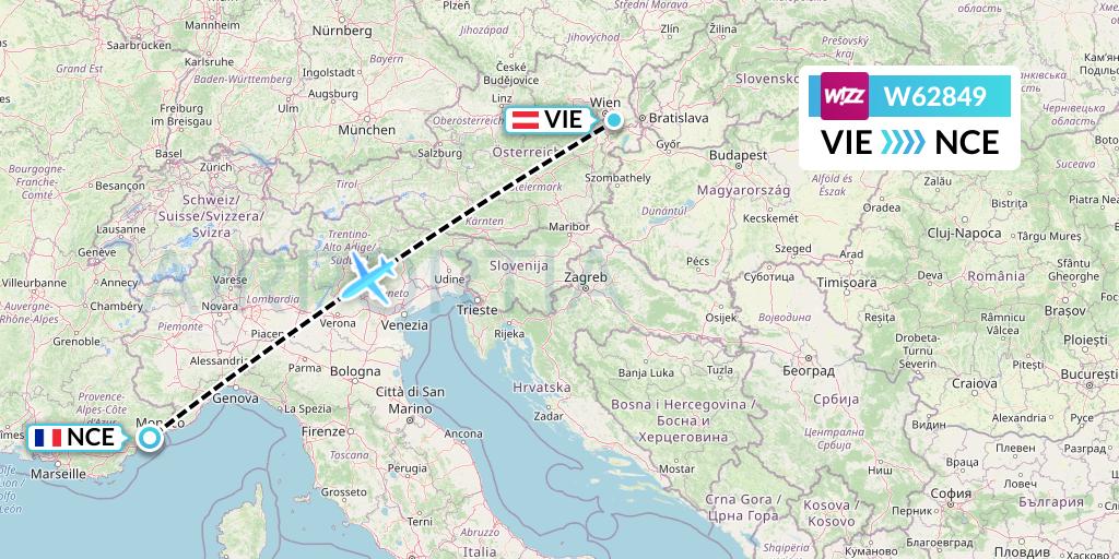 W62849 Wizz Air Flight Map: Vienna to Nice