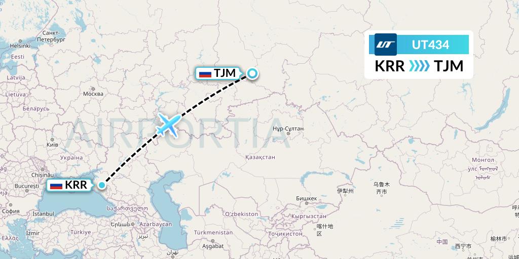 UT434 UTair Flight Map: Krasnodar to Tyumen