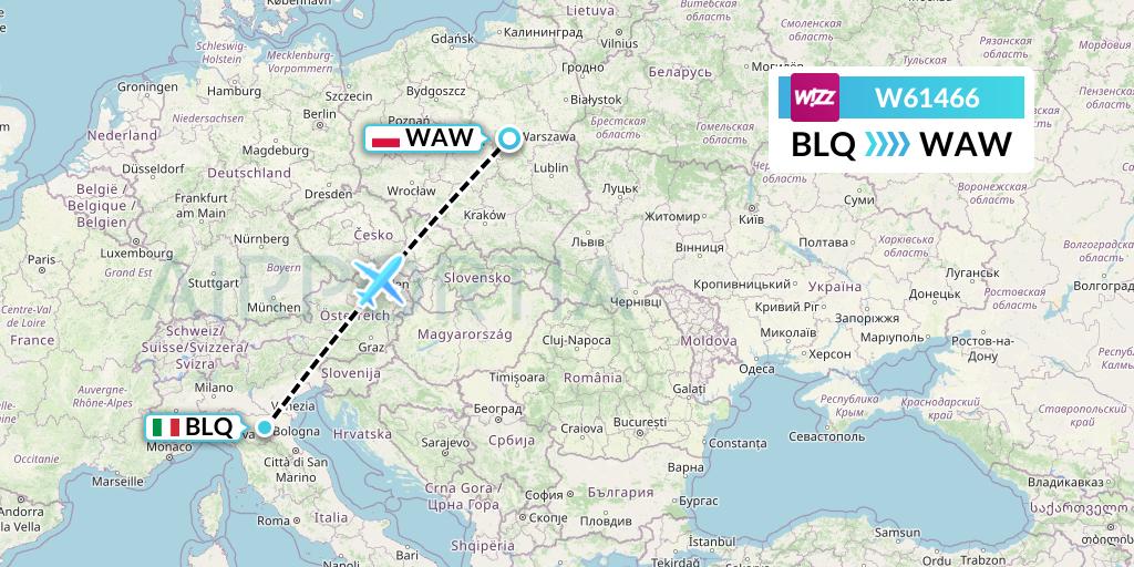 W61466 Wizz Air Flight Map: Bologna to Warsaw