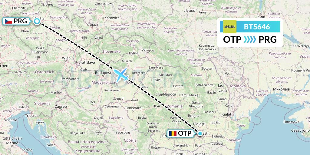 BT5646 Air Baltic Flight Map: Bucharest to Prague