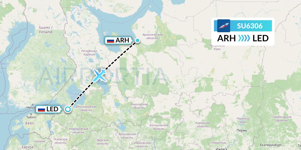 SU6306 Aeroflot Flight Map: Arkhangelsk to St. Petersburg