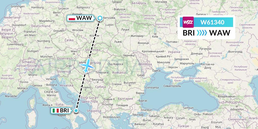 W61340 Wizz Air Flight Map: Bari to Warsaw