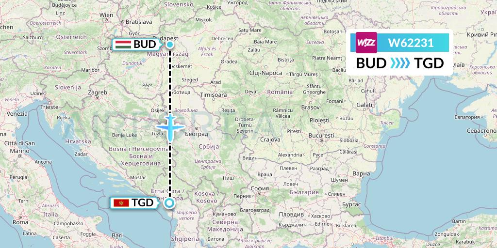 W62231 Wizz Air Flight Map: Budapest to Podgorica