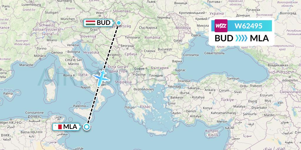 W62495 Wizz Air Flight Map: Budapest to Malta