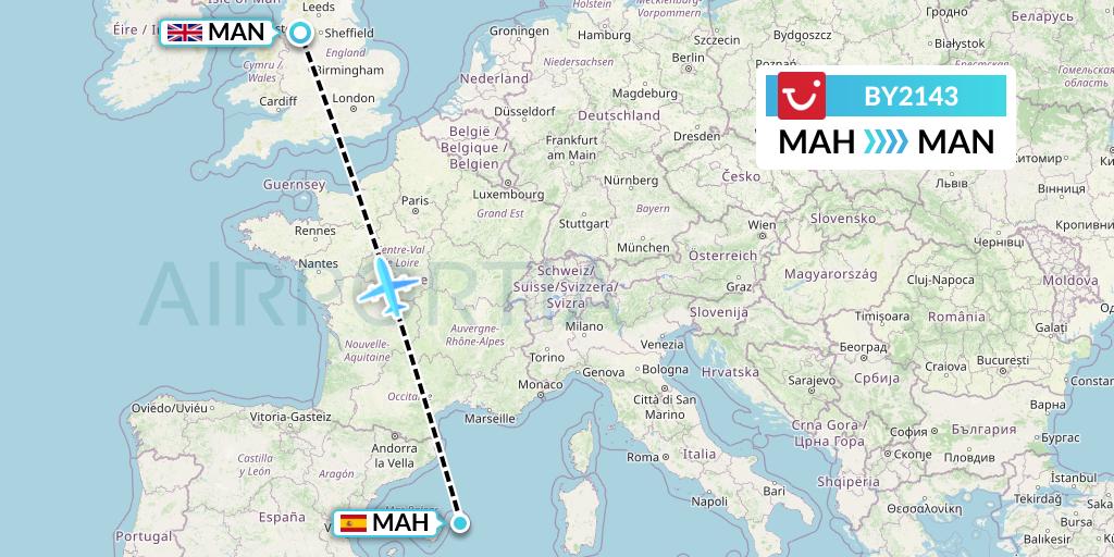 BY2143 TUI Airways Flight Map: Mahon to Manchester