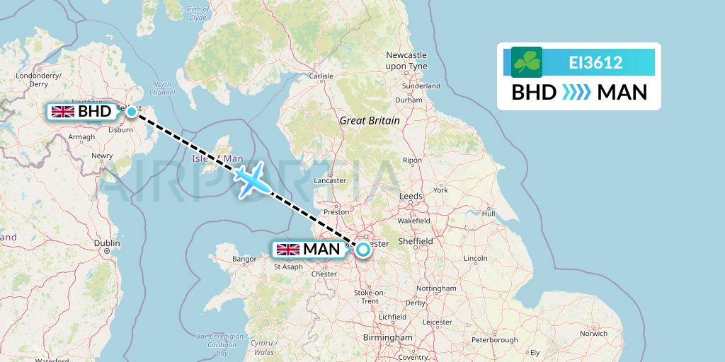 EI3612 Aer Lingus Flight Map: Belfast to Manchester