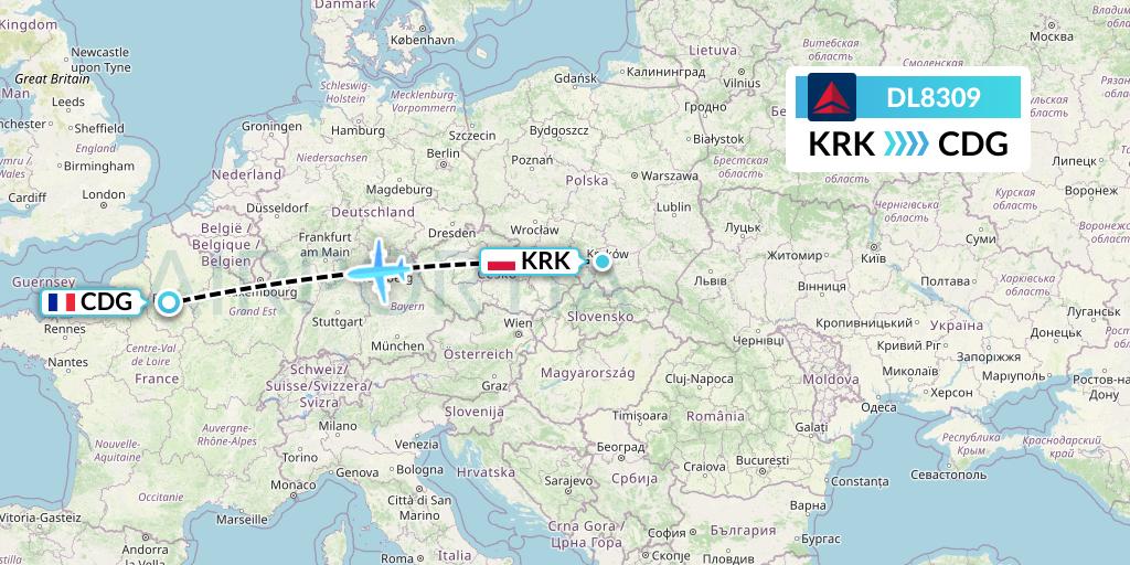 DL8309 Delta Air Lines Flight Map: Krakow to Paris