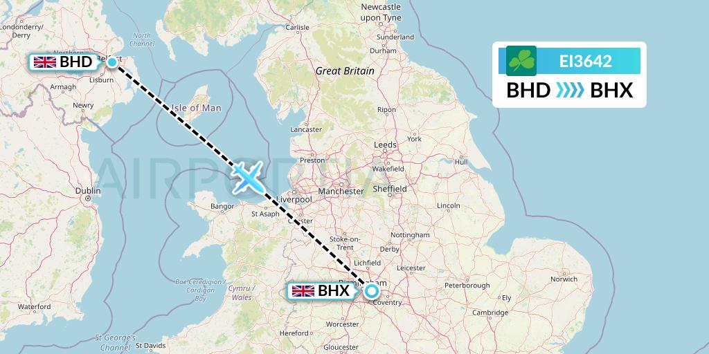 EI3642 Aer Lingus Flight Map: Belfast to Birmingham