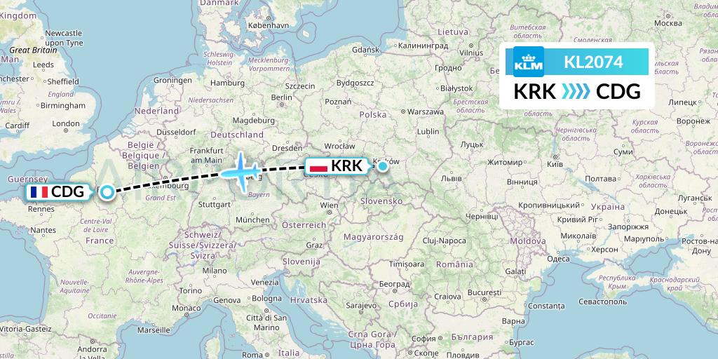 KL2074 KLM Flight Map: Krakow to Paris
