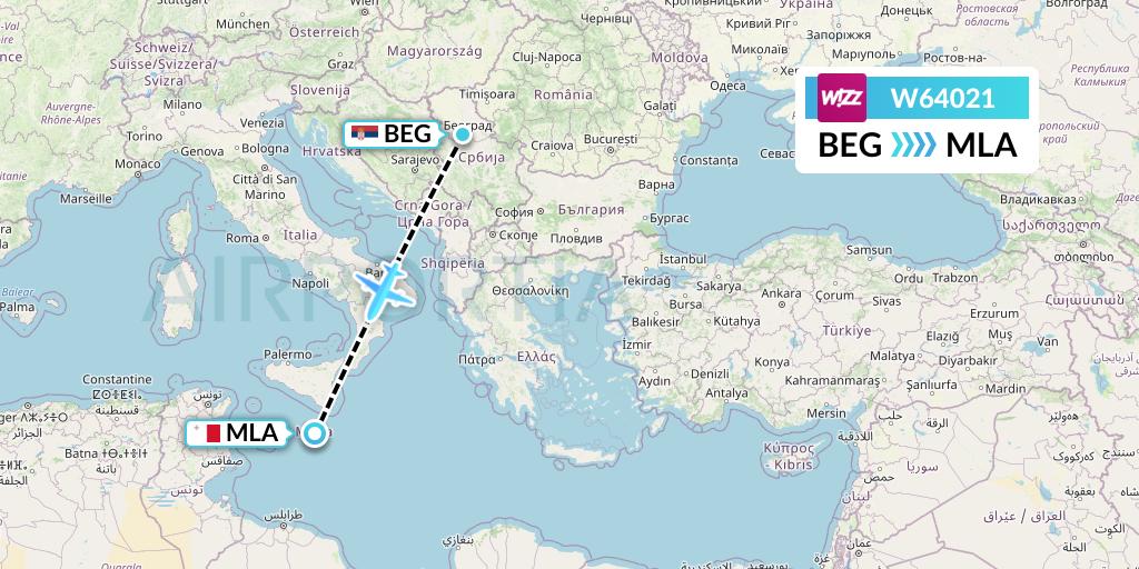 W64021 Wizz Air Flight Map: Belgrade to Malta