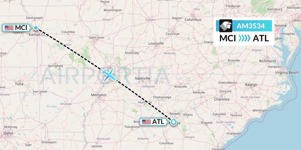 AM3534 Aeromexico Flight Map: Kansas City to Atlanta