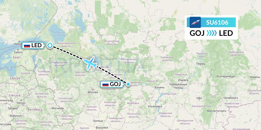SU6106 Aeroflot Flight Map: Nizhny Novgorod to St. Petersburg