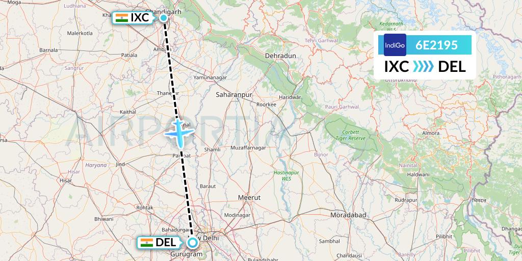 6E2195 IndiGo Airlines Flight Map: Chandigarh to Delhi