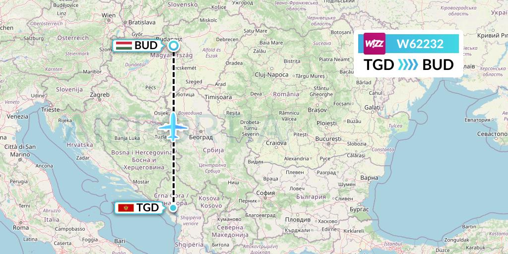 W62232 Wizz Air Flight Map: Podgorica to Budapest