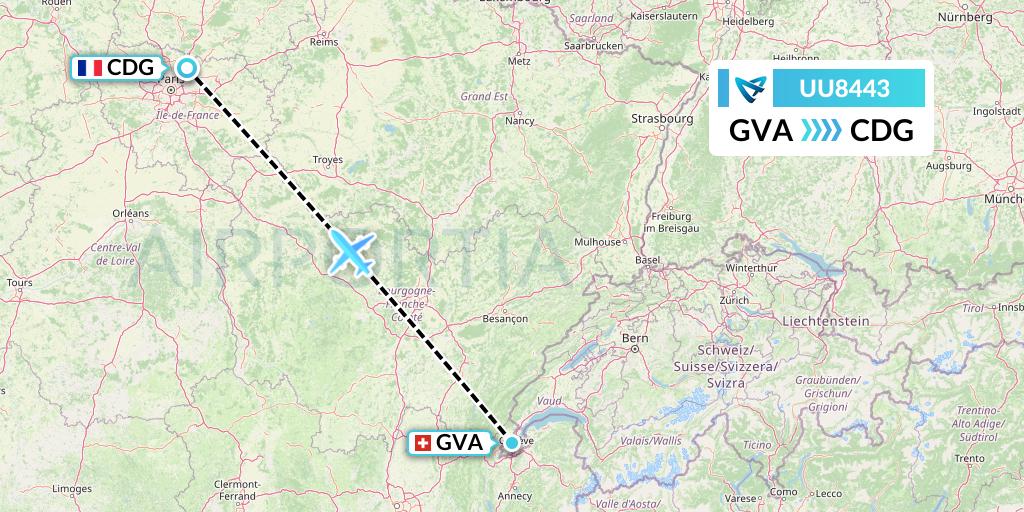 UU8443 Air Austral Flight Map: Geneva to Paris
