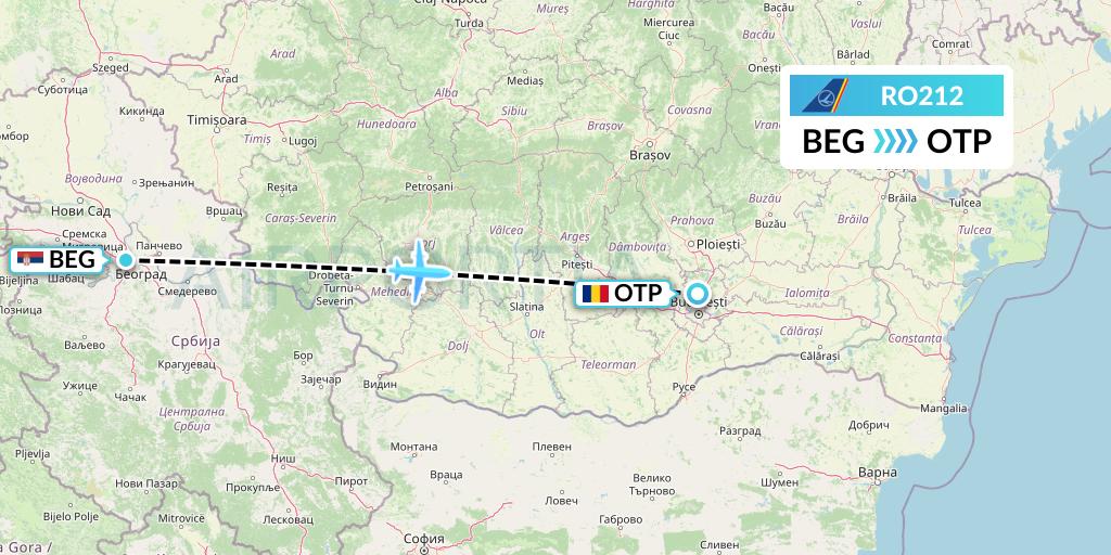 RO212 Tarom Flight Map: Belgrade to Bucharest