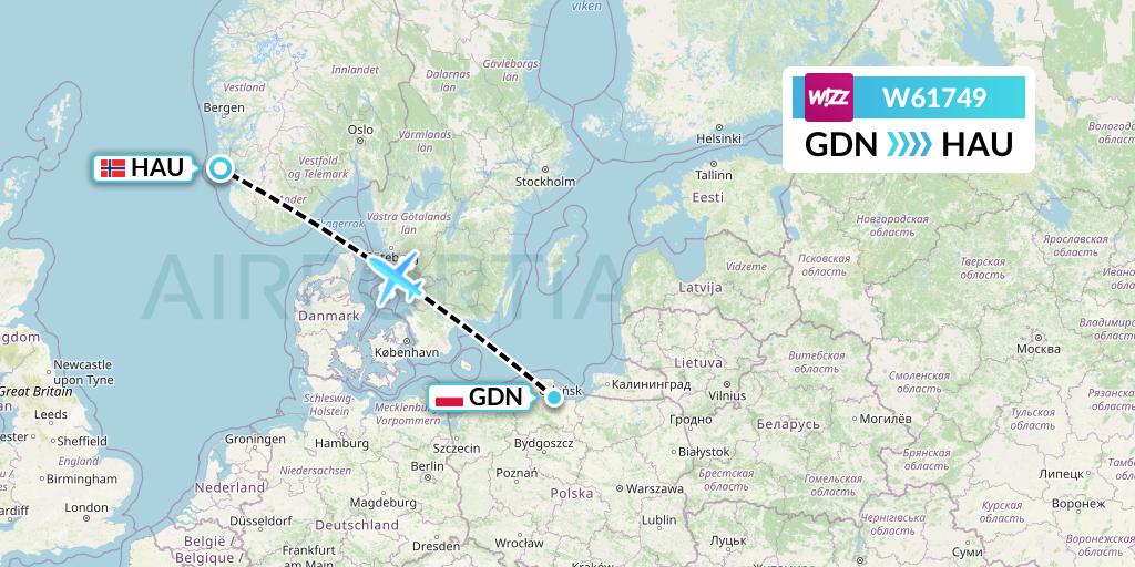 W61749 Wizz Air Flight Map: Gdansk to Haugesund