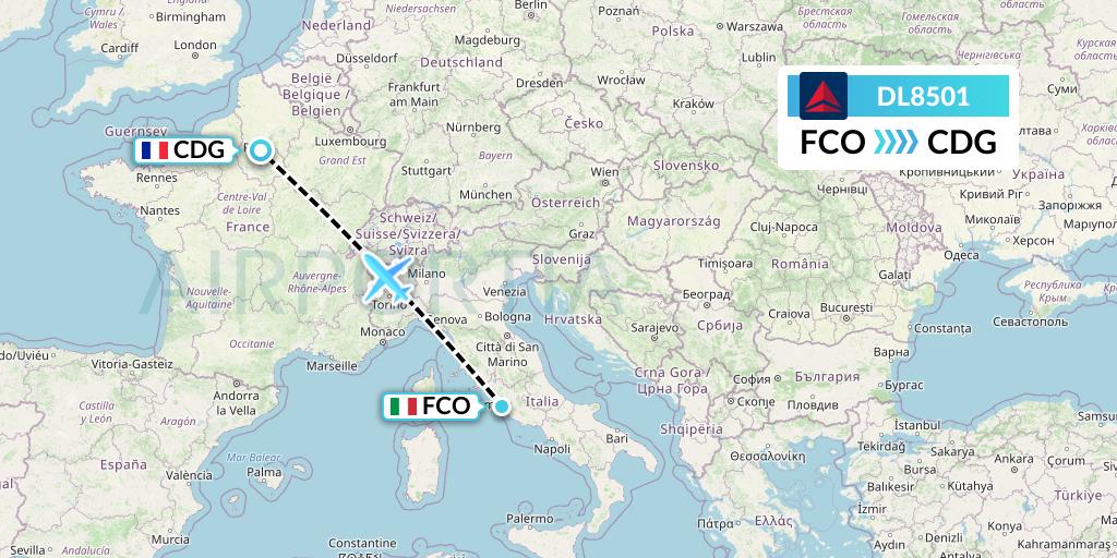 DL8501 Delta Air Lines Flight Map: Rome to Paris